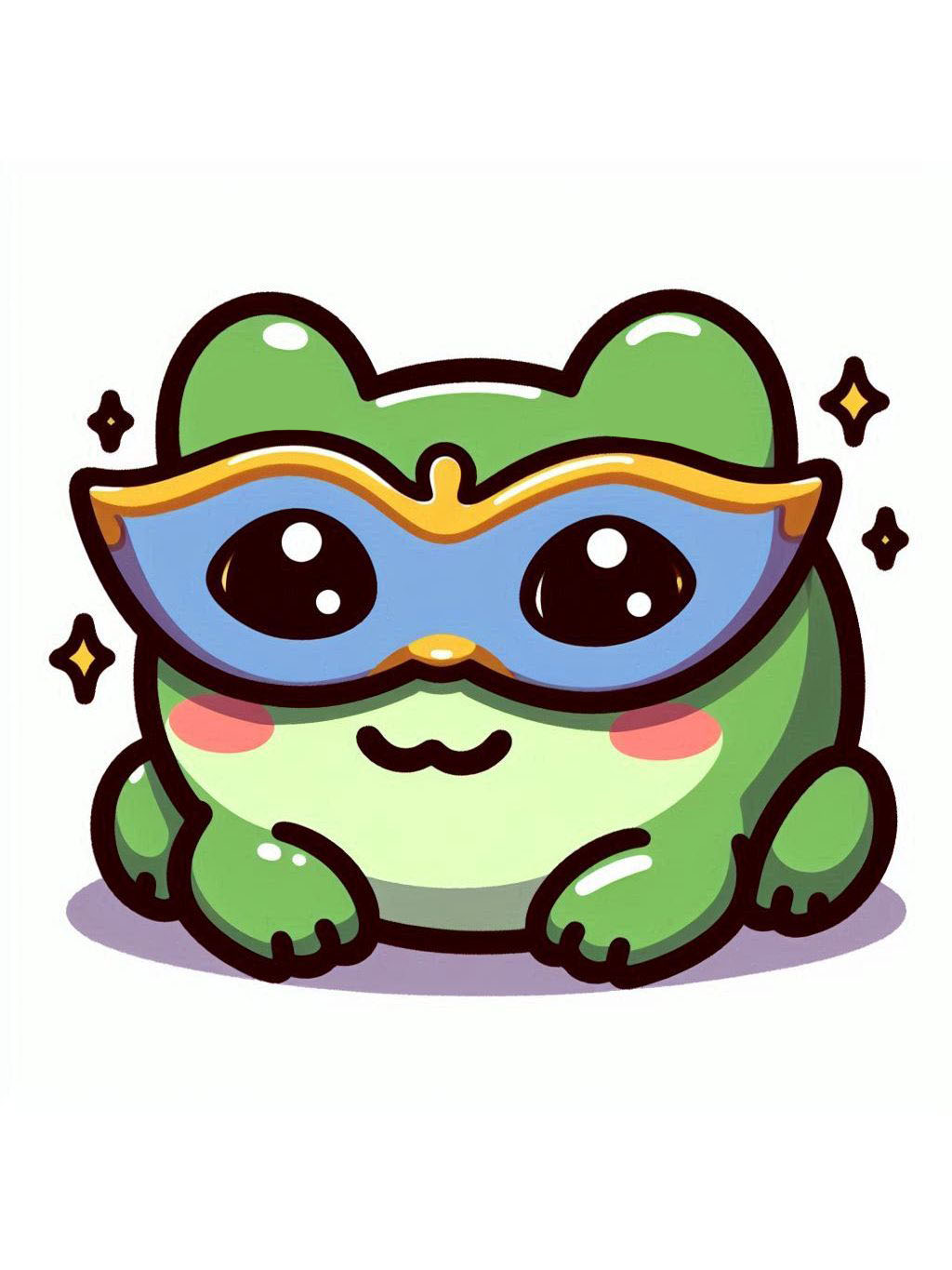 halloween frog drawing ideas, a cute green frog wearing a blue and yellow mask, surrounded by sparkling stars.